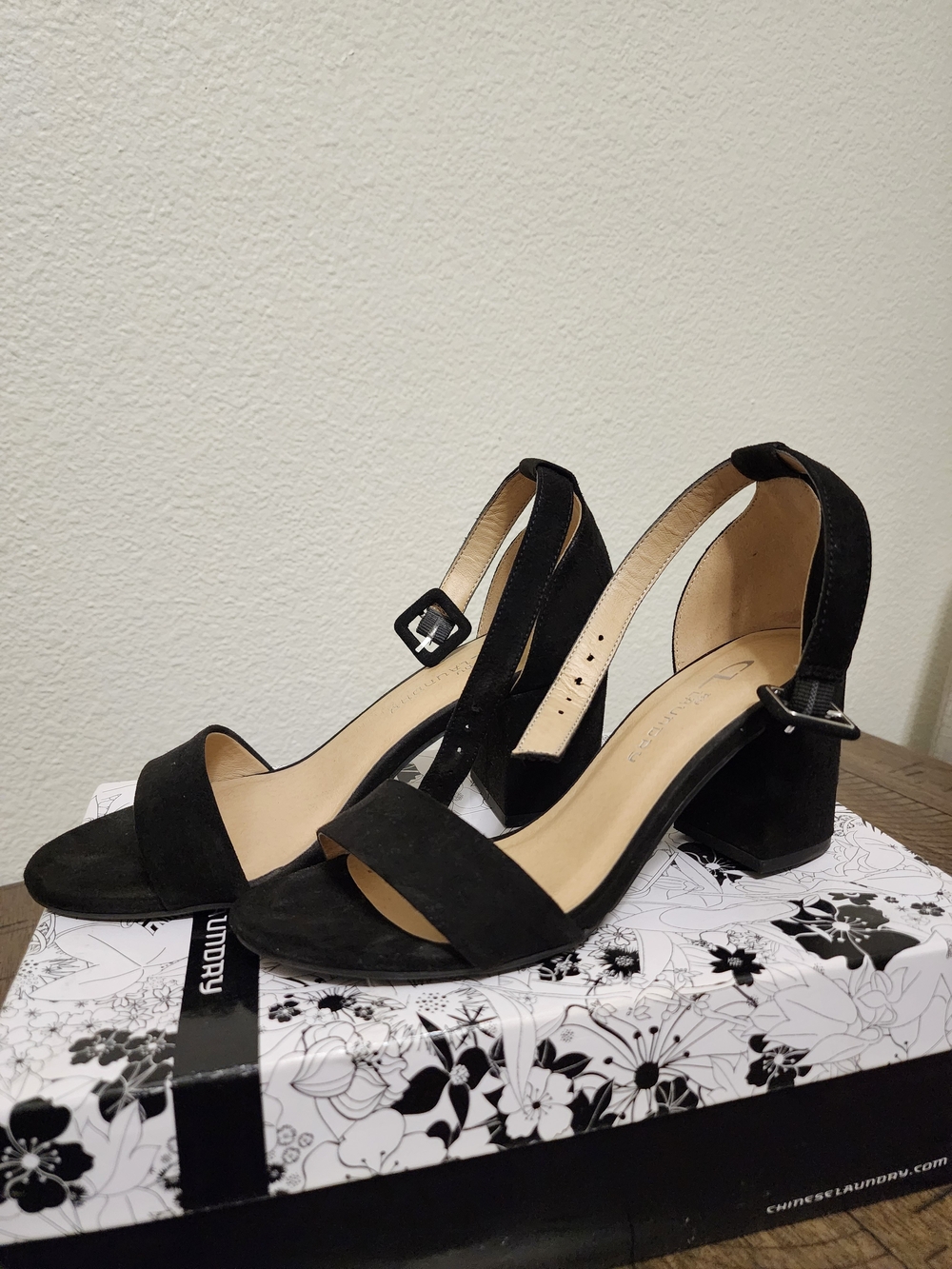 CL by Laundry Black Suede Block Heel Sandals